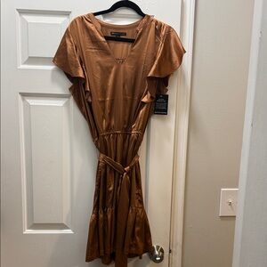 Boston Proper Copper-Brown Satin Midi Dress with Tie Waist